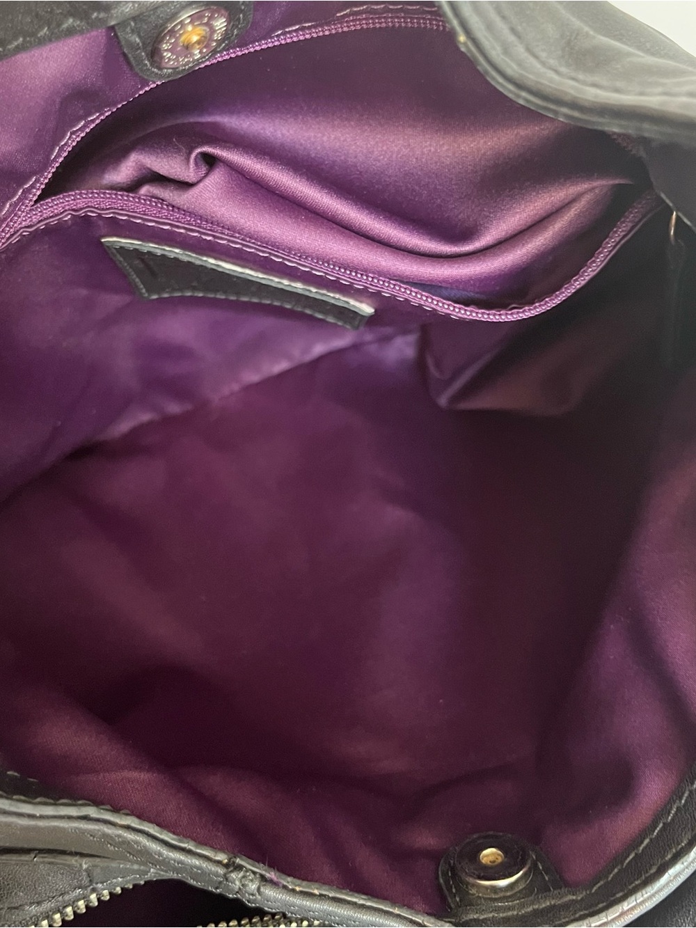 Coach Black Large Maddie Leather Shoulder Bag 3 Signature Charms Purple Satin - Picture 12 of 12